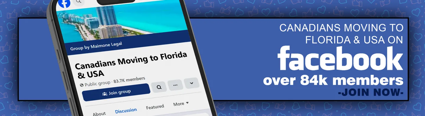 Facebook group Canadians Moving to Florida and USA, run by Maimone Legal, with a phone showing the group page